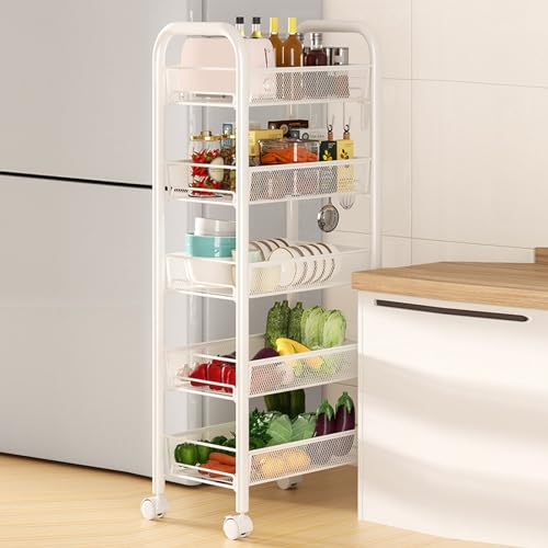 5-Tier Fruit Vegetable Storage Basket. Kitchen Storage Cart. Metal Mesh Storage Rack with Wheels. Multipurpose Fruit Basket for Kitchen. Snack Fruit and Vegetable Storage (White. 5-Layers)